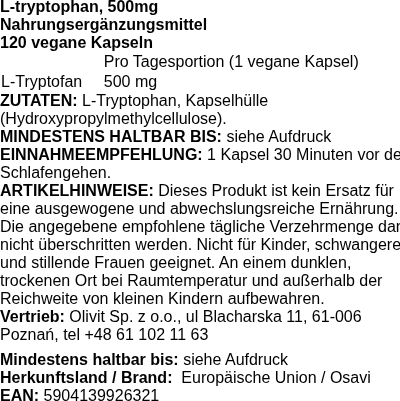 Produktetikett — L-tryptophan, 500mg - 120 vegan caps