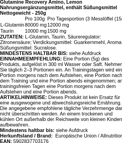 Produktetikett — Glutamine Recovery Amino, Lemon - 250 grams