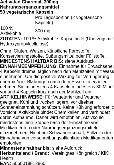 Produktetikett — Activated Charcoal, 300mg - 50 vcaps