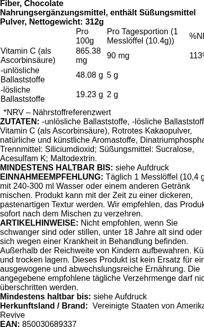 Produktetikett — Fiber, Chocolate - 312 grams
