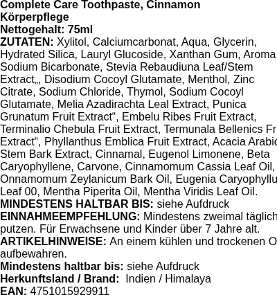 Produktetikett — Complete Care Toothpaste, Cinnamon - 75 ml.