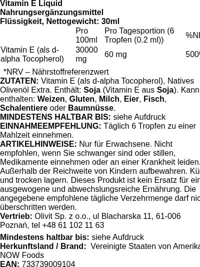 Produktetikett — Vitamin E Liquid - 30 ml.