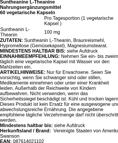 Produktetikett — Suntheanine L-Theanine, 100mg - 60 vcaps