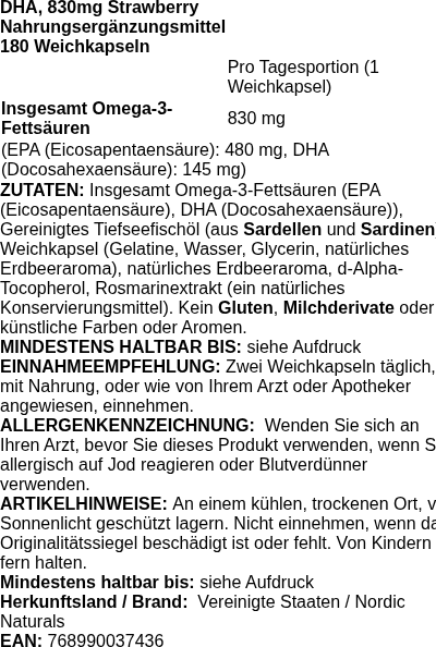 Produktetikett — DHA, 830mg Strawberry - 180 softgels