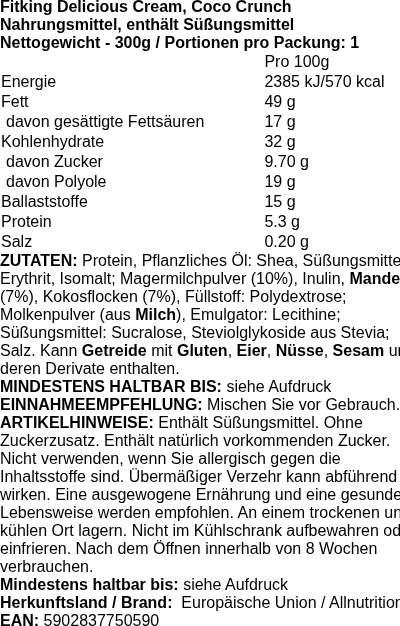 Produktetikett — Fitking Delicious Cream, Choco Crunch - 300 grams