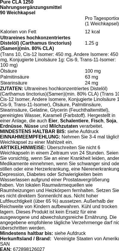 Produktetikett — Pure CLA 1250 - 90 softgels