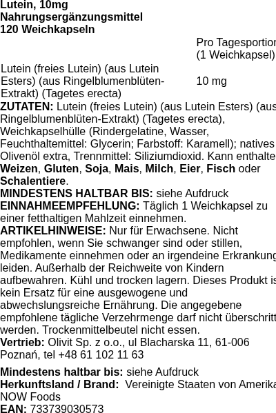 Produktetikett — Lutein, 10mg - 120 softgels