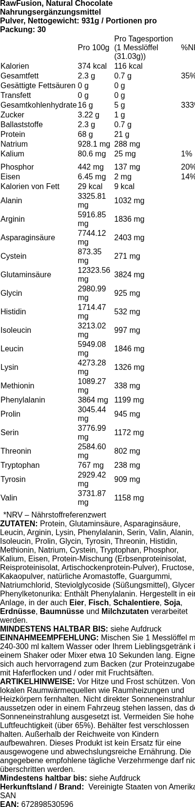 Produktetikett — RawFusion, Natural Chocolate - 931 grams