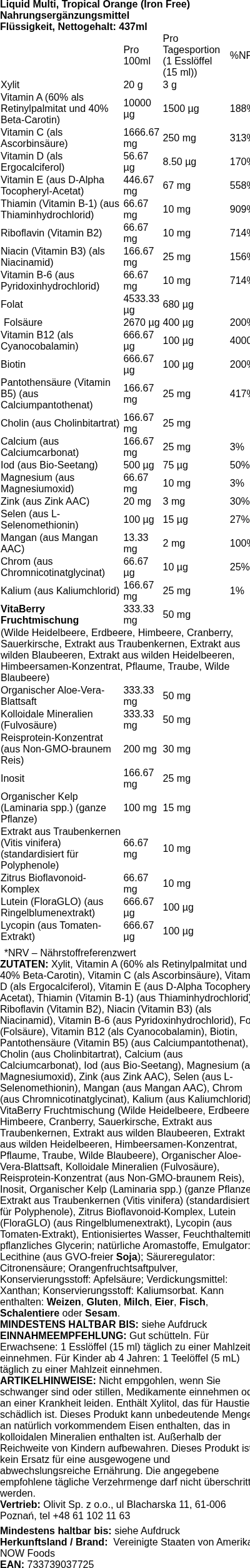 Produktetikett — Liquid Multi, Tropical Orange (Iron Free) - 473 ml.