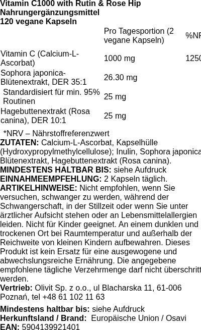 Produktetikett — Vitamin C1000 with Rutin & Rose Hip - 120 vegan caps