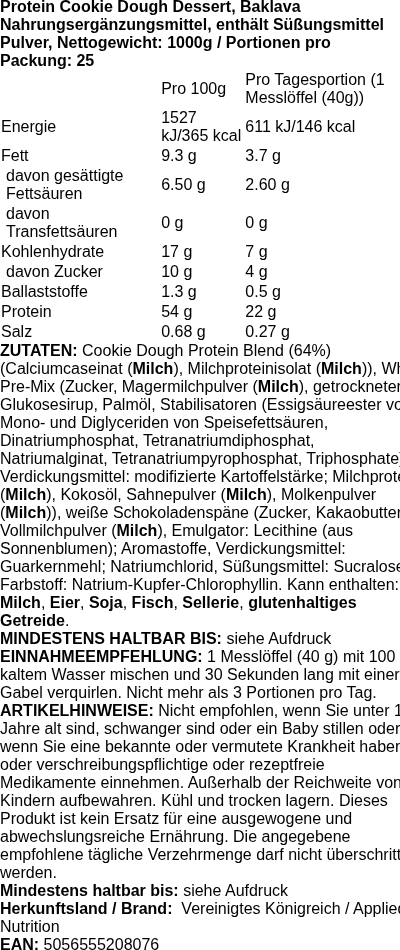 Produktetikett — Protein Cookie Dough Dessert, Baklava - 1000 grams