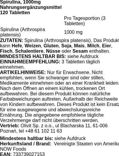 Produktetikett — Spirulina, 1000mg - 120 tablets