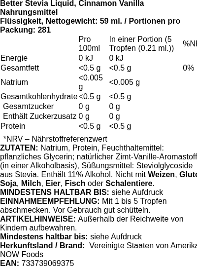 Produktetikett — Better Stevia Liquid, Cinnamon Vanilla - 59 ml.