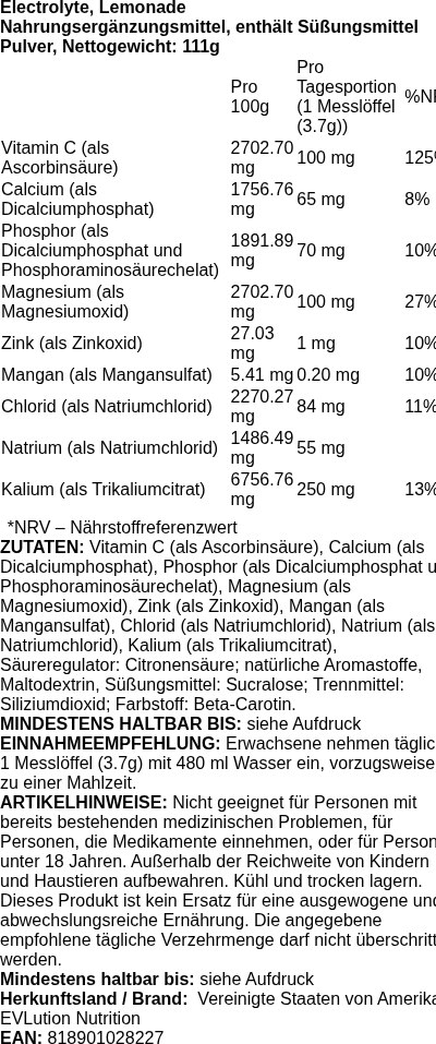 Produktetikett — Electrolyte, Berry Splash - 114 grams