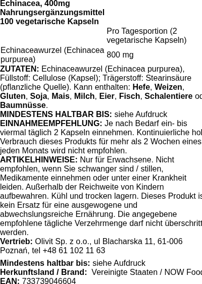 Produktetikett — Echinacea, 400mg - 100 vcaps