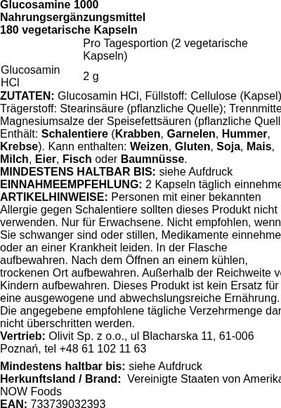 Produktetikett — Glucosamine 1000 - 180 vcaps
