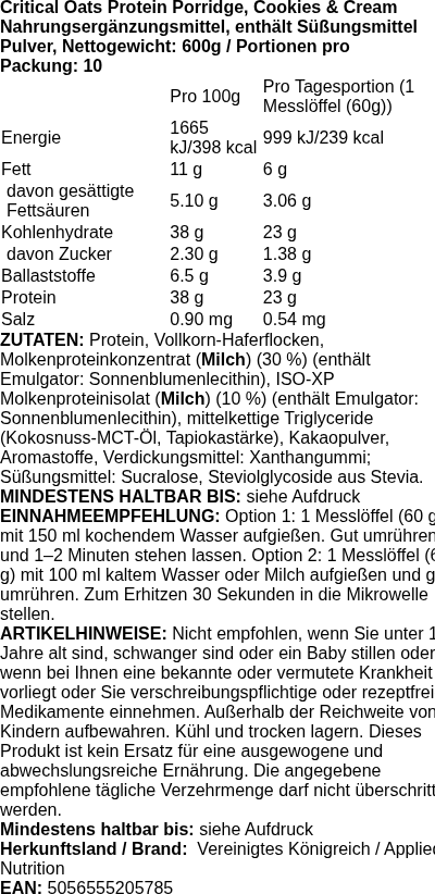 Produktetikett — Critical Oats Protein Porridge, Chocolate - 600 grams