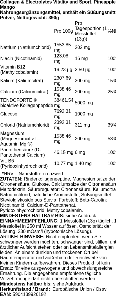 Produktetikett — Collagen Electrolytes Vitality and Sport, Pineapple & Mango - 390 grams