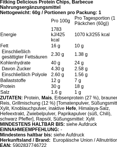 Produktetikett — Fitking Delicious Protein Chips, Barbecue - 60 grams