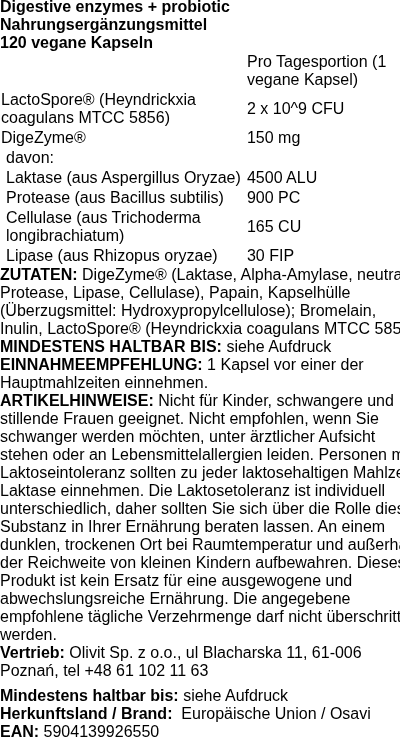 Produktetikett — Digestive enzymes + probiotic - 120 vegan caps