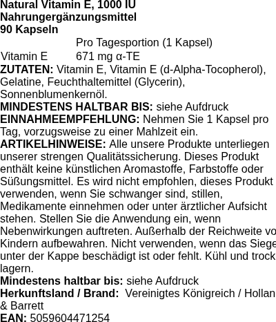 Produktetikett — Natural Vitamin E, 1000 IU - 90 caps