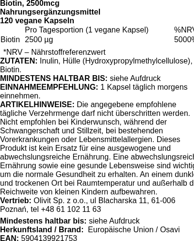 Produktetikett — Biotin, 2500mcg - 120 vegan caps