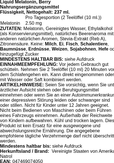Produktetikett — Liquid Melatonin, Berry - 237 ml.