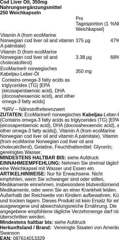 Produktetikett — Cod Liver Oil, 350mg - 250 softgels