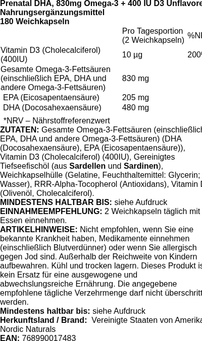 Produktetikett — Prenatal DHA, 830mg Omega-3 + 400 IU D3 Unflavored - 180 softgels