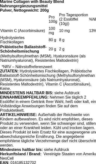 Produktetikett — Marine Collagen Peptides - 200 grams