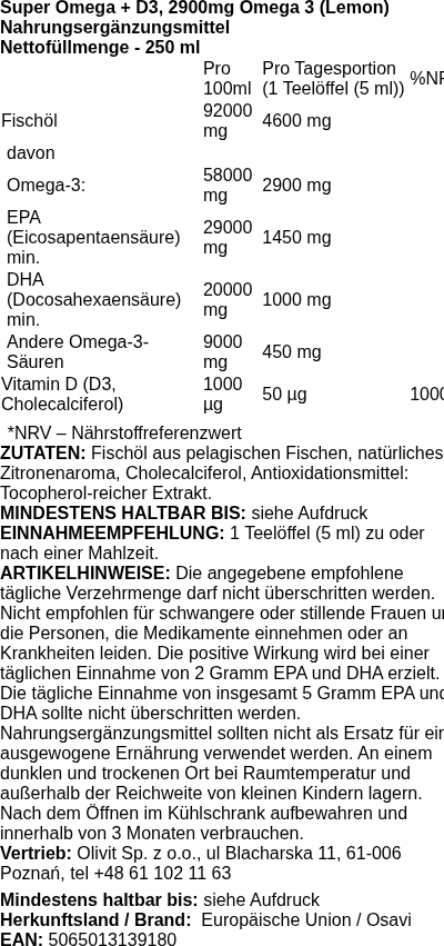 Produktetikett — Super Omega + D3, 2900mg Omega 3 (Lemon) - 250 ml.