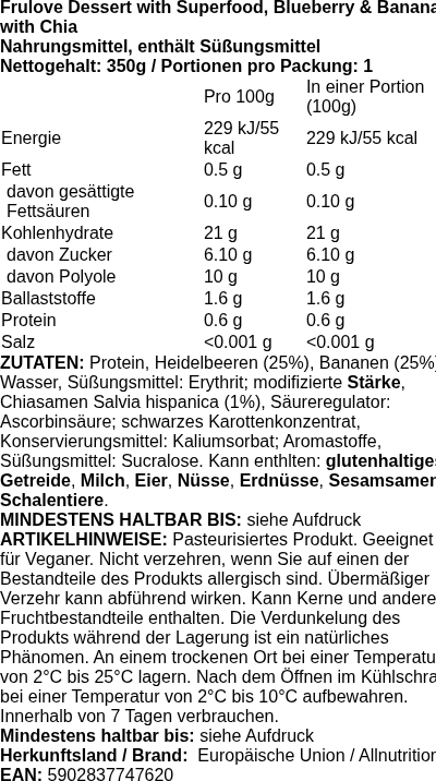 Produktetikett — Frulove Dessert with Superfood, Blueberry & Banana with Chia - 350 grams