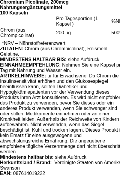 Produktetikett — Chromium Picolinate, 200mcg - 100 caps