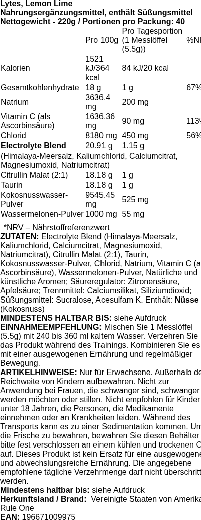 Produktetikett — Lytes, Blue Razz - 240 grams