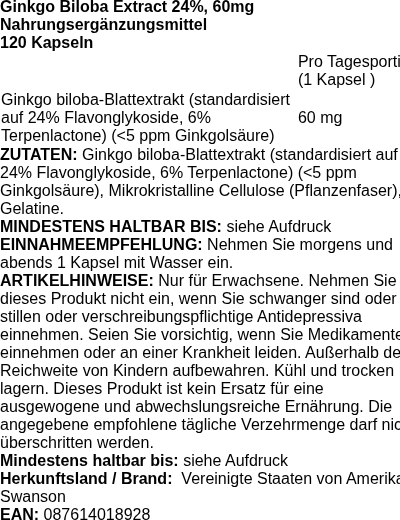 Produktetikett — Ginkgo Biloba Extract, 60mg - 120 caps