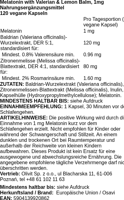 Produktetikett — Melatonin with Valerian & Lemon Balm, 1mg - 120 vegan caps