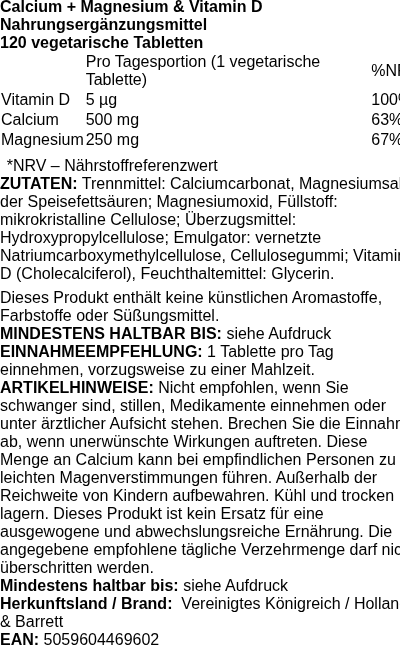 Produktetikett — Calcium + Magnesium & Vitamin D - 120 vegetarian tabs