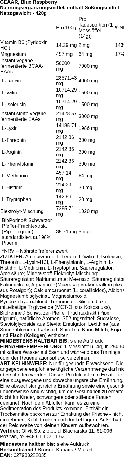 Produktetikett — GEAAR, Blue Raspberry (EAN 811662028000) - 420 grams