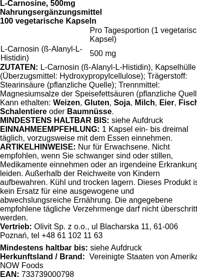 Produktetikett — L-Carnosine, 500mg - 100 vcaps
