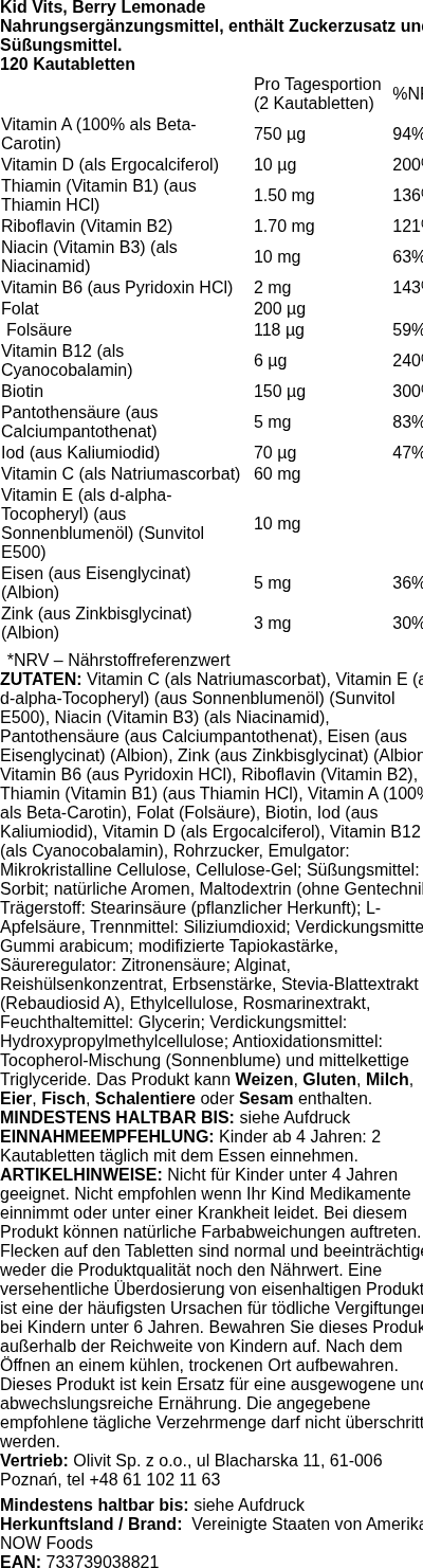 Produktetikett — Kid Vits, Berry Lemonade - 120 chewables