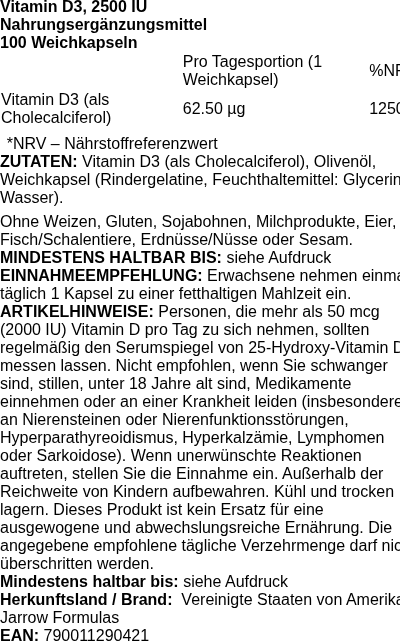 Produktetikett — Vitamin D3, 2500 IU - 100 softgels