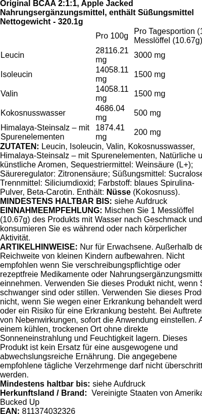 Produktetikett — Original BCAA 2:1:1, Apple Jacked - 320.1 grams