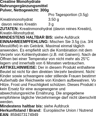 Produktetikett — Creatine Monohydrate, Unflavored (EAN 8594017422242) - 300 grams