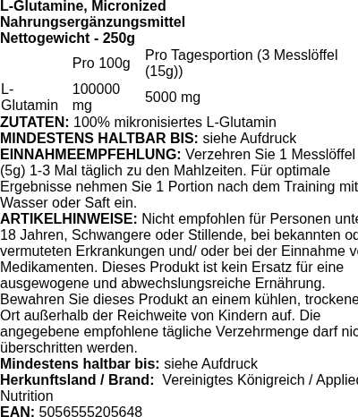 Produktetikett — L-Glutamine, Micronized - 250 grams