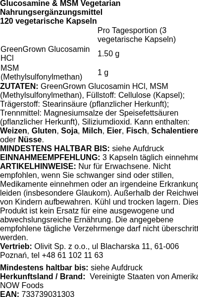 Produktetikett — Glucosamine & MSM Vegetarian - 120 vcaps