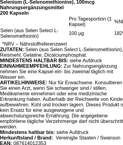 Produktetikett — Selenium, 100mcg - 200 caps