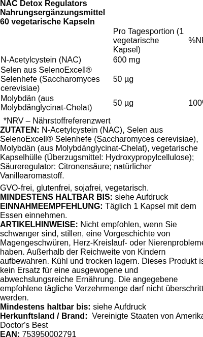 Produktetikett — NAC Detox Regulators - 60 vcaps