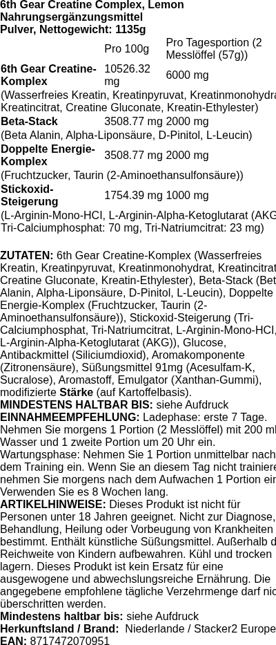 Produktetikett — 6th Gear Creatine Complex, Lemon - 1135 grams