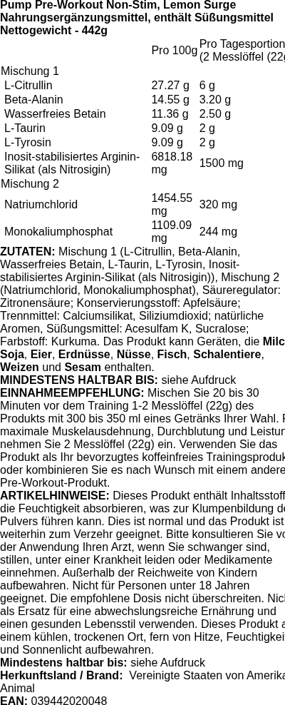 Produktetikett — Pump Pre-Workout Non-Stim, Dragon Berry - 440 grams