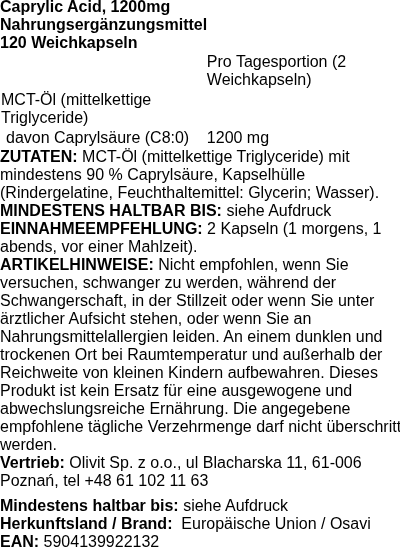 Produktetikett — Caprylic Acid, 1200mg - 120 softgels